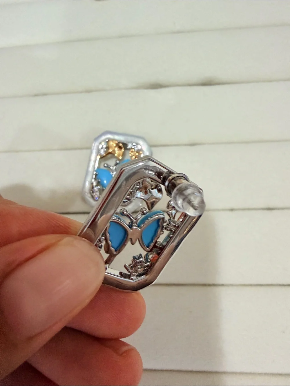 Blue Floral Accent Stud Earrings with Pearl Frame